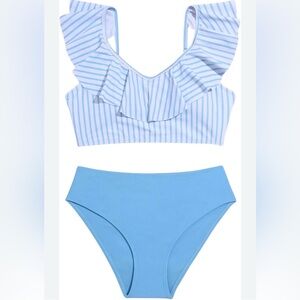 Striped White and Light Blue Ruffle Bikini Set